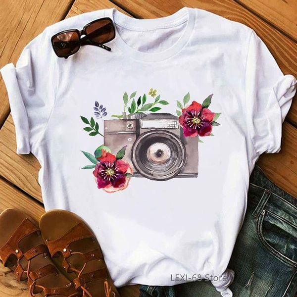 

flower camera print t-shirt women vintage t shirt autumn winter basic tshirt femme white short sleeve o-neck casual tees