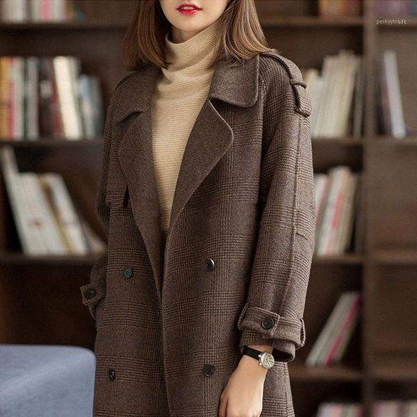 

women's wool & blends women autumn winter coat warm plaid double-breasted female coats european fashion jacket outwear1, Black