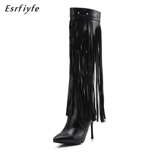 

boots esrfiyfe 2021 autumn winter knee high thin heels pointed toe shoes woman casual fringe rivet long women1, Black