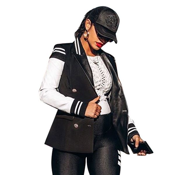 

women fashion long sleeve turn-down collar slim fit jacket female casual double breasted patchwork high street coat outwear d30 201126, Black;brown
