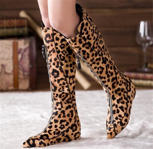 

sestito 2020 woman leopard print pointed toe knee high boots ladies height increasing shoes woman zipper long boots, Black