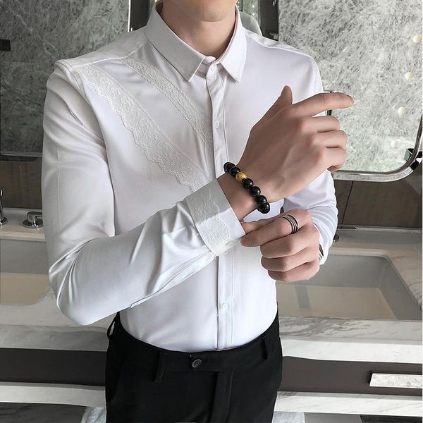 

2020 new mens shirts lace long sleeve solid slim fit shirt men formal luxury design business casual shirts male dress 1, White;black