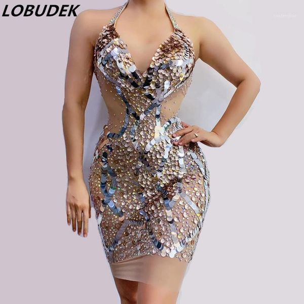 

v-neck sparkly rhinestones sequins mesh short dress bar nightclub party women dj singer stage performance transparent dress1, Black;red