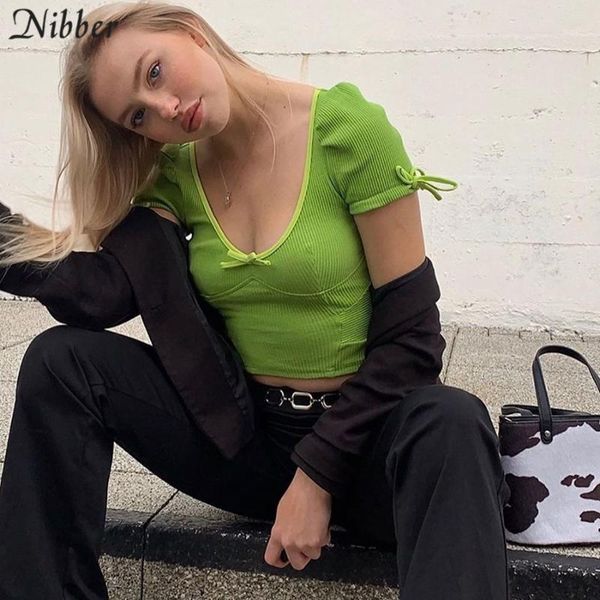 

nibber neon green soft ribbed knitted cute bodycon crop women t-shirts 2019 autumn fashion casual puff sleeve bow tees mujer1, White