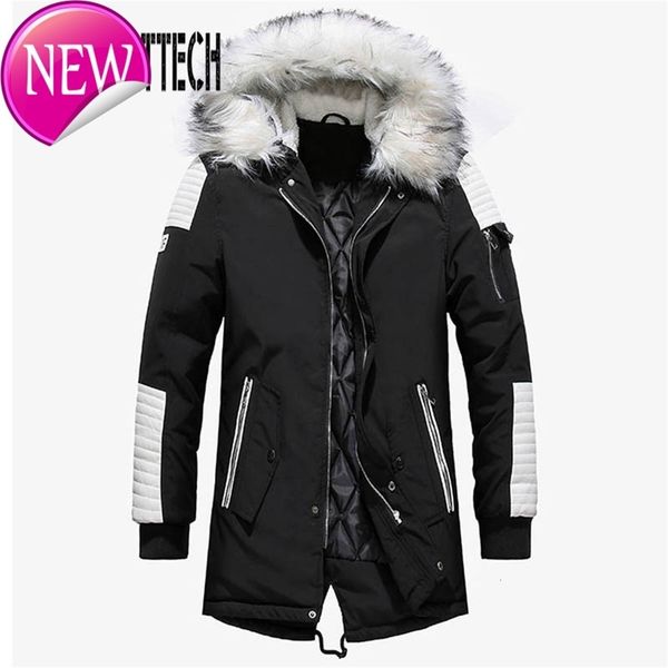 

new winter jacket men big white fur hooded collar long parka coat large size thicken warm long outwear mens jackets and coats, Black