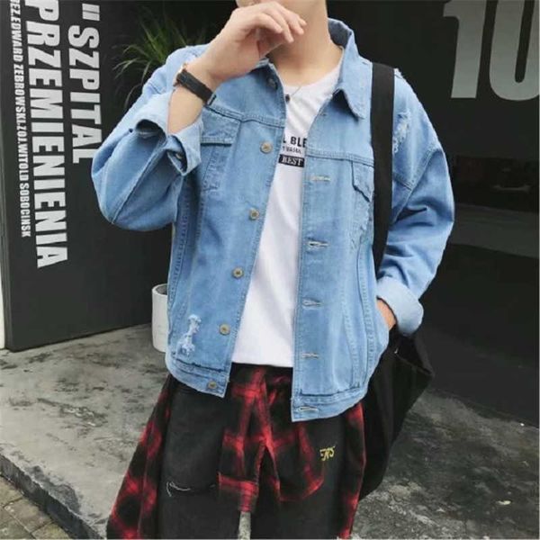 

korean fashion jeans men's outwear new denim hole jacket student, Black;brown