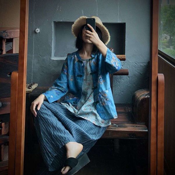 

2020 luoguni pure ramie digital printing loose cardigan art shirt 1639 datura, White