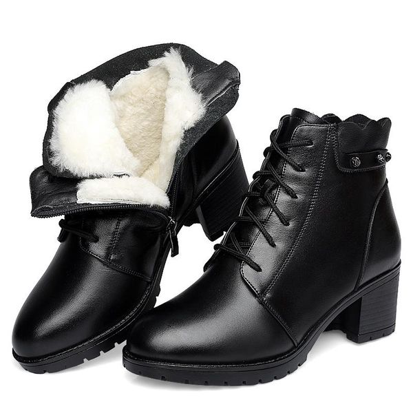 

brand boots winter warm comfort straps with thick women shoes cowhide fur one wool woman snow, Black