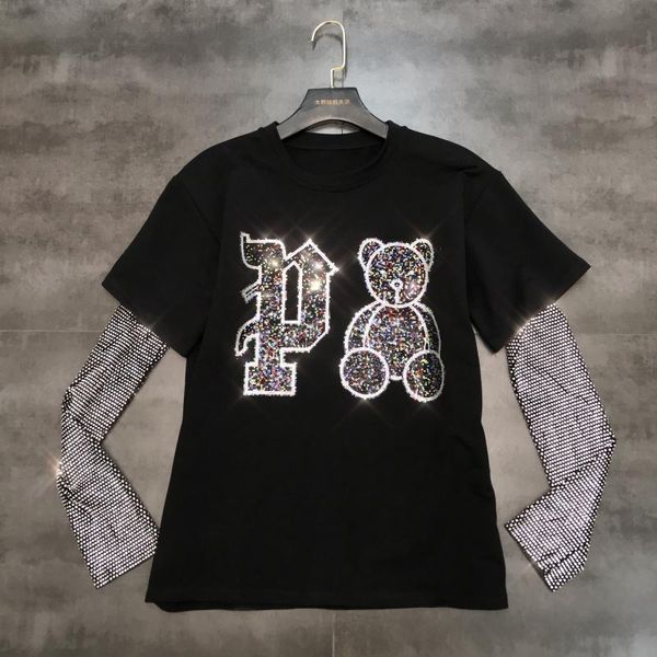 

spring summer new design women's bear rhinestone pattern shinny bling sleeve patchwork t-shirt loose casual plus size tees, White