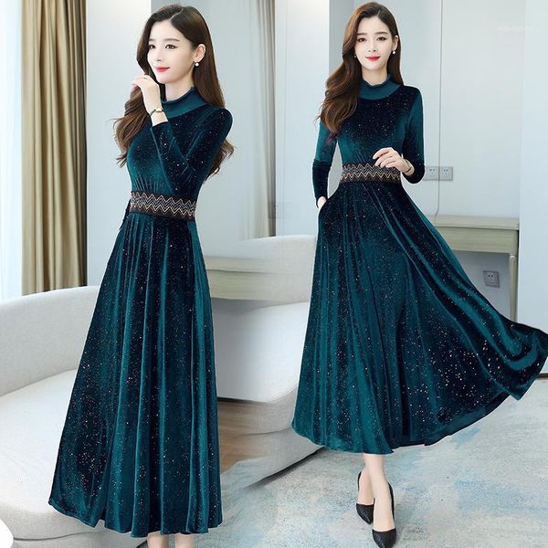 

noble dress long sleeves high waist slim elegant sequins velvet dresses woman autumn clothes green blue burgundy1, Black;gray