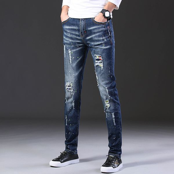 

style 2021 western oil painting graffiti jeans male microelastic right-leg patch fashion denim 0o43, Blue