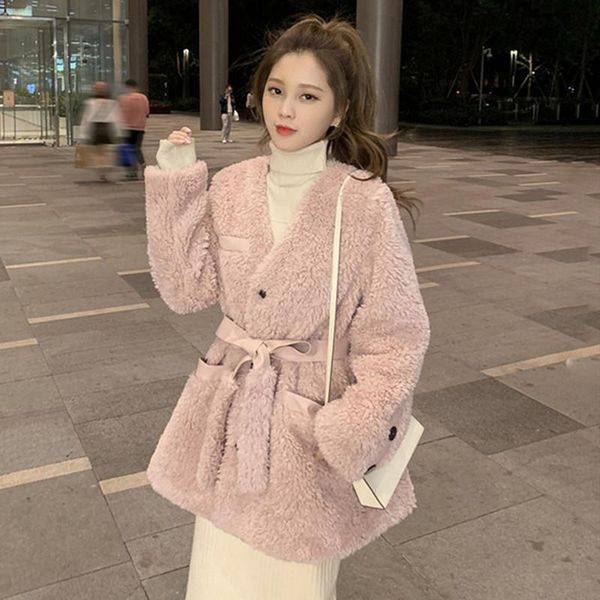 

autumn and winter 2020 new women's fashion lamb plush jacket women leisure loose thickened belt waist fur integrated coat women, Black
