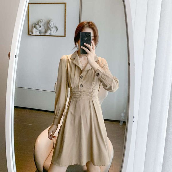 

solid new french fall color wind 2020 waist high dress long sleeve slim fit 1upe, Black;gray