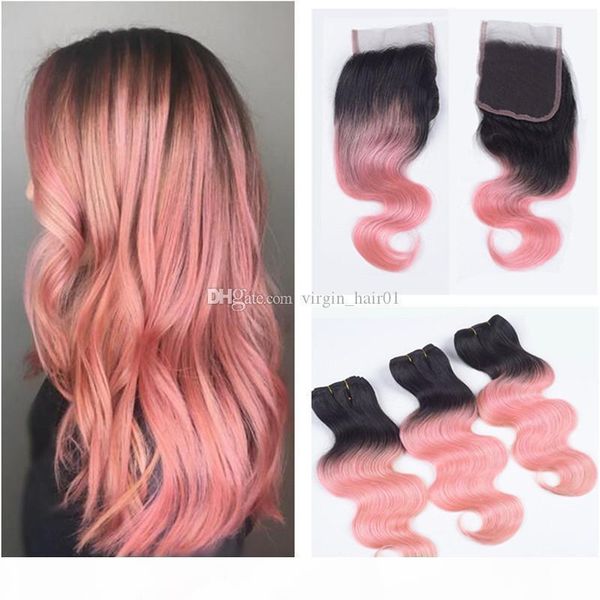 

brazilian human virgin hair two tone 1b rose red hair bundles with lace closure ombre pink hair with closure 4*4 lace closure, Black;brown