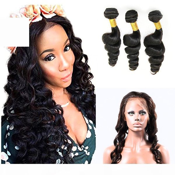 

pre plucked 360 lace frontal closure with 3 bundles 8a brazilian loose deep wave virgin human hair weave with full lace band frontal, Black;brown