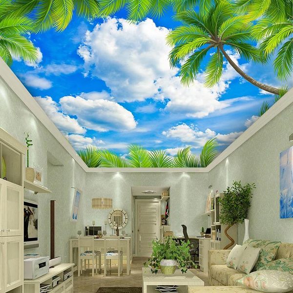 

custom green leaves blue sky white clouds zenith ceiling 3d fresco modern bedroom living room ceiling decoration mural wallpaper