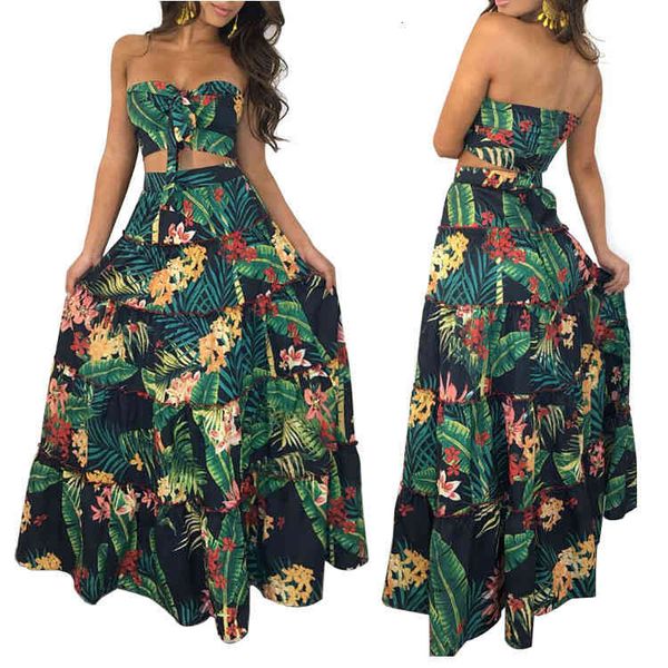 

two piece dress girl lady long wrap skirt strapless floral print high waist maxi skirt with crop ruffle feki, White
