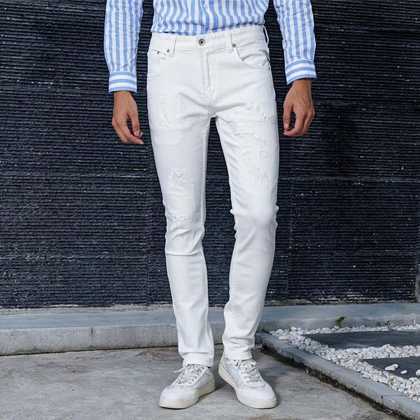 

men's jeans fashion streetwear men white color elastic slim fit ripped korean style destroyed hip hop denim long pants hombre, Blue