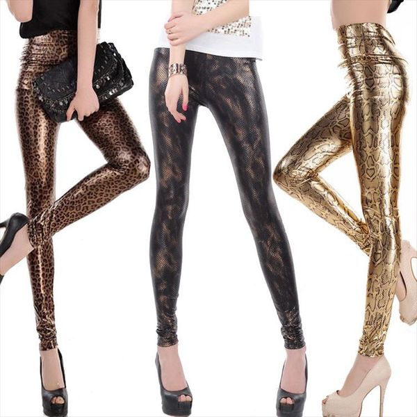 

fashion leather pants european punk splash ink gradient serpentine leather leggings lady golden black snake pant