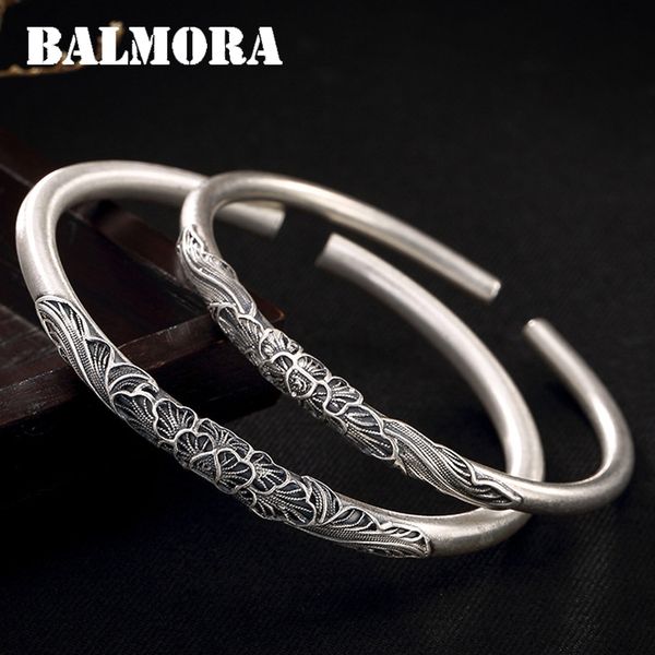 

balmora 999 pure silver peony flower matte open bangles for lady about 17cm bracelet fashion jewelry accessories esposas 200925, Golden;silver