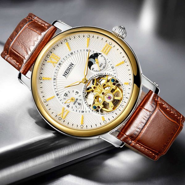 

watch automatic men's mechanical nesun nishang refined steel waterproof hollow multi-functional steel band business watch 9091, Slivery;brown