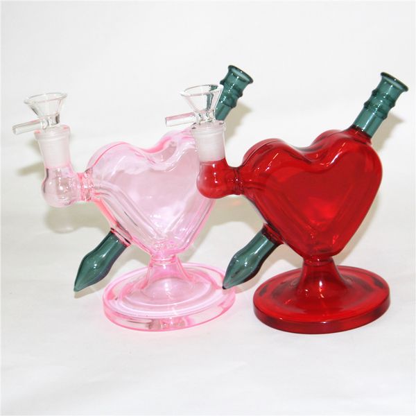 Bong di vetro a forma di cuore di colore rosa rosso Fumo Narghilè Pipe Oil Bubbler Rig Heady Oil Dab Rigs Con imbuto