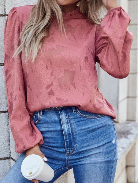 

jacquard mock neck lantern sleeve blouse e27g#, White