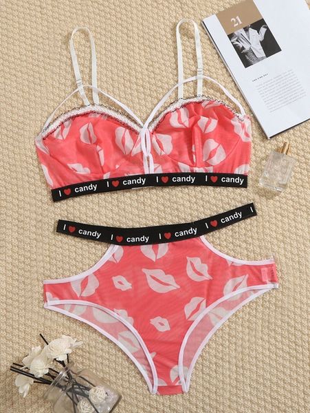 

plus lip print letter tape mesh lingerie set z0k2#, Black;white