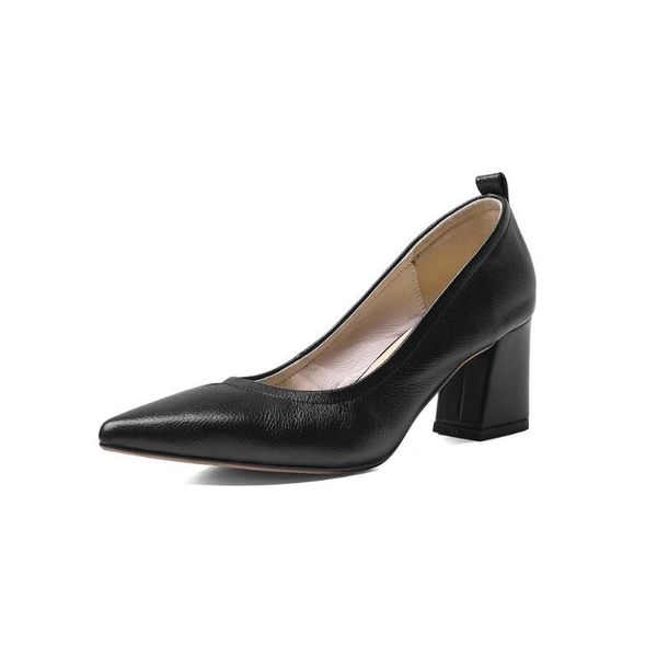 

lmyom brand women's shoes genuine leather shoes for soft leather soft sole pointed thick heel commuter elastic mid-heel, Black