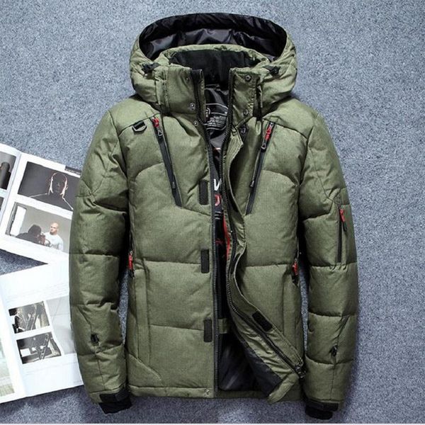 

men down thick warm winter jacket hooded thicken duck down parka coat casual slim overcoat with many pockets mens, Black
