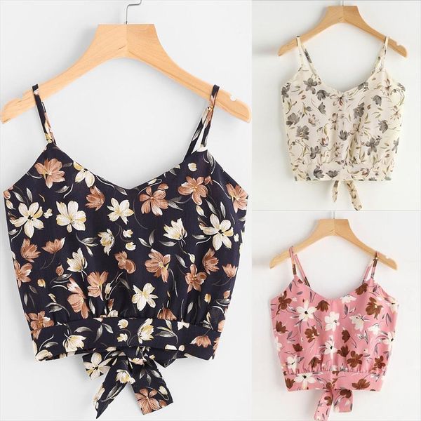 

womens floral vest chiffon cropped tank ladies self tie back v neck solid cami regata feminina 2020 new camisole c1, White