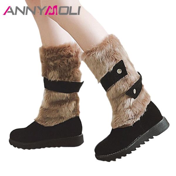 

annymoli mid calf boots winter snow boots women plush platform round toe shoes plush warm female footwear black brown 43