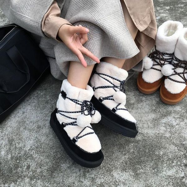 

pxelena luxury shearling wool snow boots real fur women cow suede thick fur super warm winter boots female shoes lace up 34-41, Black