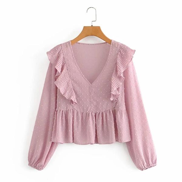 

women dot flocking cascading ruffle v-neck shirt femme long sleeve blouse casual lady loose smock blusas s8073, White