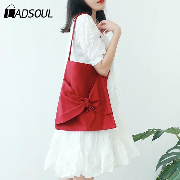 

ladsoul 2020 new canvas bag female shoulder bag bow sweet and fresh portable green canvas light women shopping