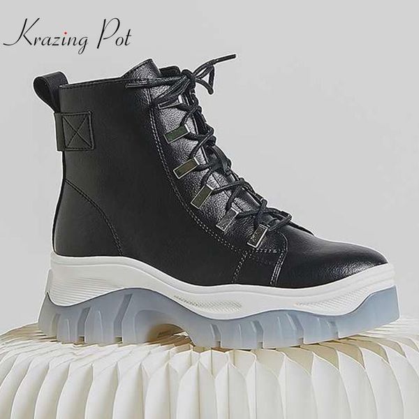 

boots krazing pot arrival full grain leather lace up thick bottom high heels leisure casual round toe preppy style ankle l37, Black