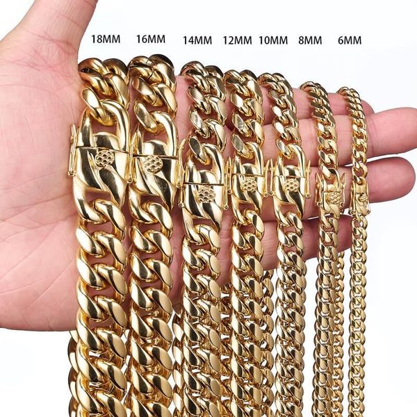 

super selling 12/14/16/18mm width 18/20/22/24/26inch yellow gold plated stainless steel cuban chain necklace for men women jewelry, Silver