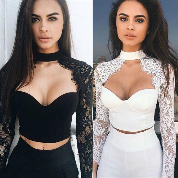 

2020 новая мода sexy женщин см через lace mesh sheer с длинным рукавом crop top shirt блуза ch, White