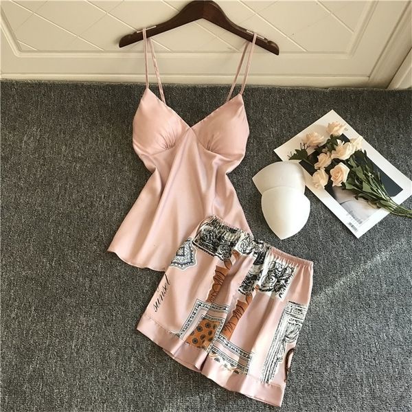 

qweek satin pajamas 2 piece set women pyjama summer spaghetti strap silk pjs print pijama mujer v neck sleepwear set 2020 y200708, Black;red