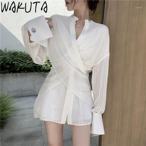 

wakuta two layer striped long sleeve ladies blouses elegant leisure loose 2021 spring and autumn new digesin white shirts 1