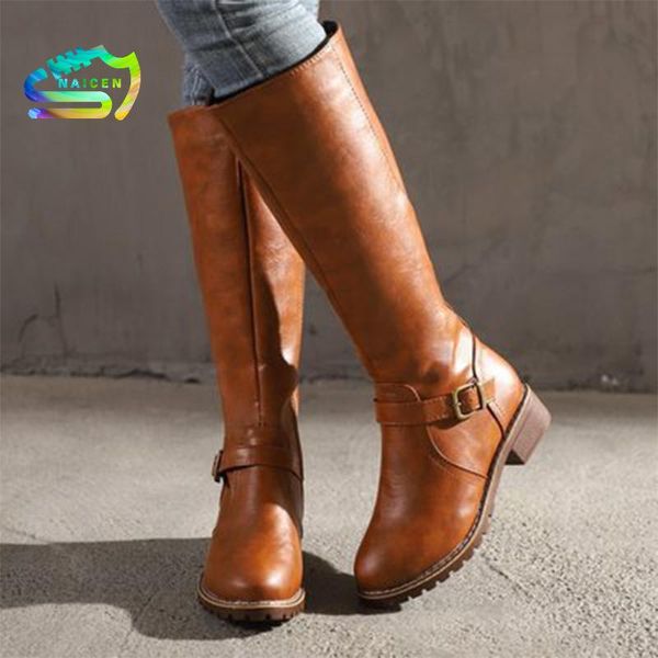 

boots naicen women zip leather knee high buckle long woman low heels ladies non slip female comfort shoes plus size, Black