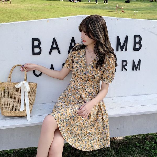 

2020 new summer women's french slimming taro purple little hepburn style dress v-neck rouje floral dress bmqtr, Black;gray