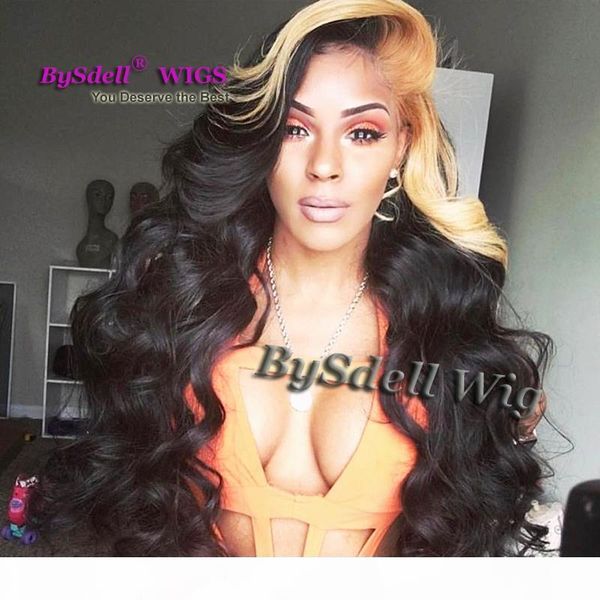 

unique long body wave highlight blonde hair match dark black color wig synthetic heat resistant lace front wigs for web celebrity