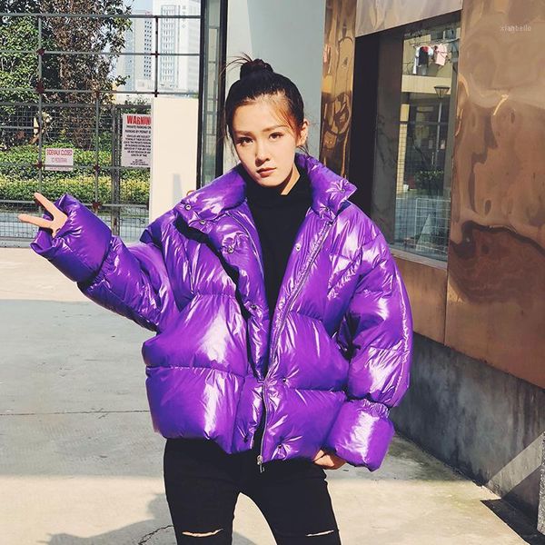 

fashion winter glossy down cotton jackets female oversized padded parkas bread style fluffy warm cotton coats f22071, Black