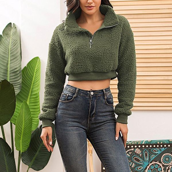 

autumn women sweatshirt stand collar solid zipper faux fur long sleeve sweatshirts fashion ladies short sweatshirt pullovers1, Black