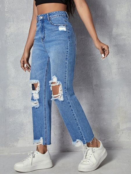

high waist ripped cut out raw hem jeans f3xx#, Blue