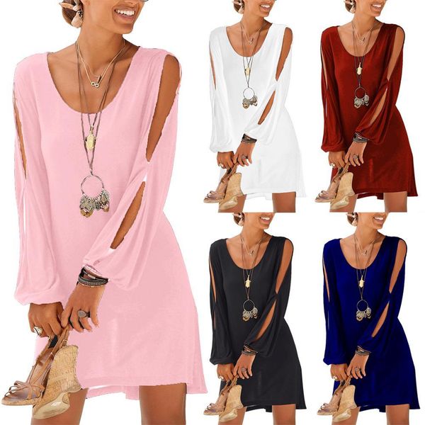 

new women beach cold shoulder long sleeve u-neck mini solid color loose blouse, Black;gray