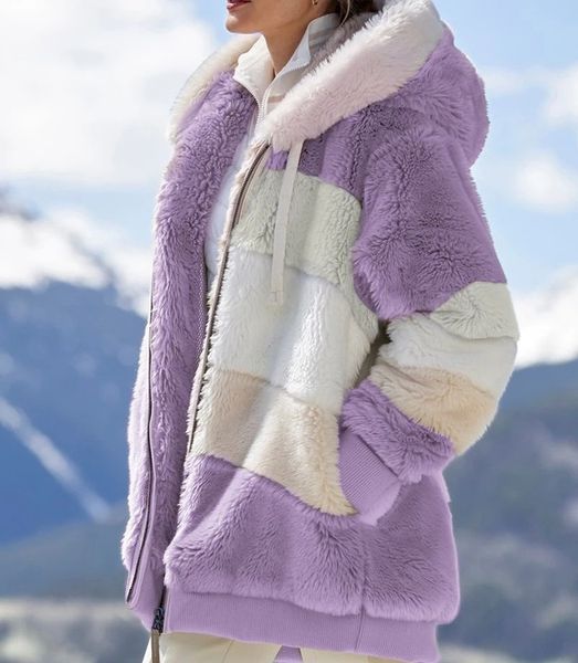 

new womens winter sweater thick warm designer woman trendyol x-long wool sweaters faux fluffy fur teddy hooded fleece casual jacket coats, Black