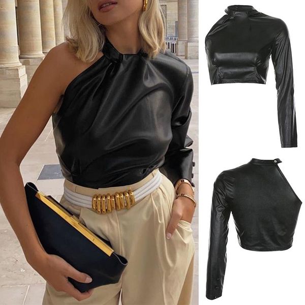 

women's t-shirt black pu leather jacket ladies one shoulder asymmetric sexy, White
