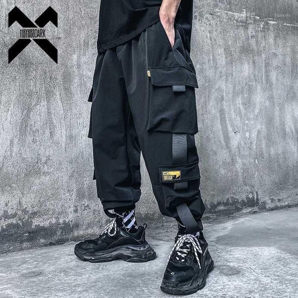 

11 bybb's dark streetwear cargo pant men fashion pocket ribbon tactics joggers ankle-length pants sweatpants male bb561, Black